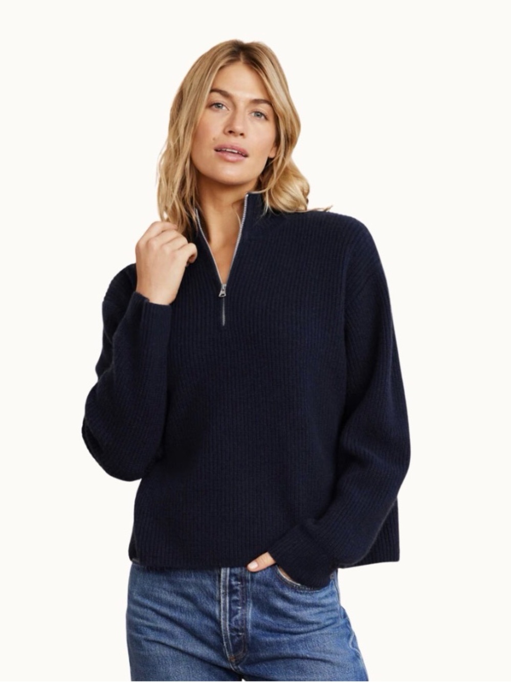 Jenni Kayne Navy Cotton Cable Half-Zip Sweater